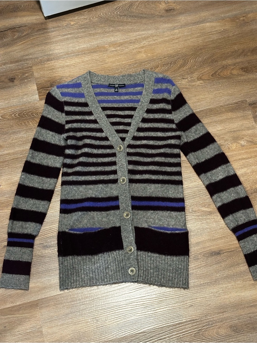 GAP Striped Gray, Black & Blue V-Neck Button Cardigan